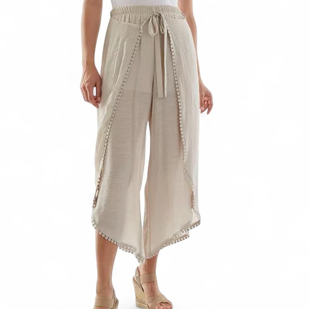 By & By Womens XL Beige Tulip Wrap Wide Leg Pants Pom Pom Trim Boho Gauze Summer